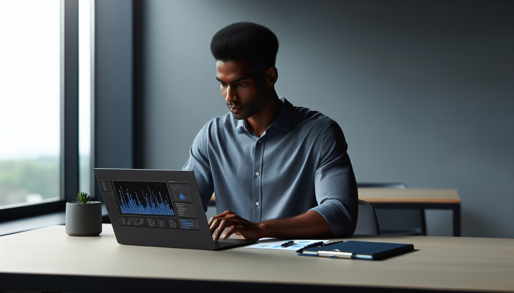 Entrepreneur investigating financial fraud detection trends on laptop